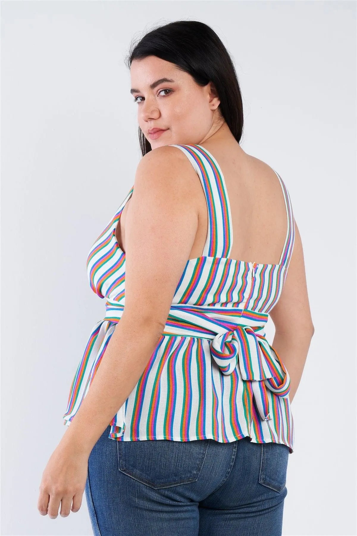 Junior Plus Size Multi Stripe V-Neck Waist Tie Mock Peplum Top /3-2-1 - Tasha Apparel Wholesale