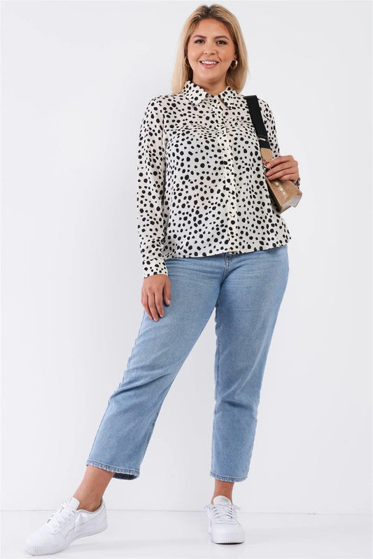 Junior Plus Ivory Dalmatian Polka Dot Print Button Down Relaxed Blouse /3 - Tasha Apparel Wholesale