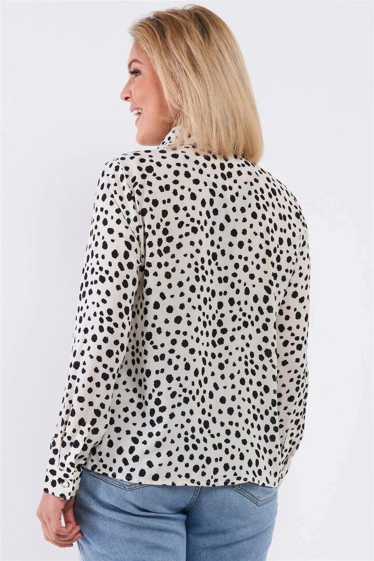 Junior Plus Ivory Dalmatian Polka Dot Print Button Down Relaxed Blouse /3 - Tasha Apparel Wholesale