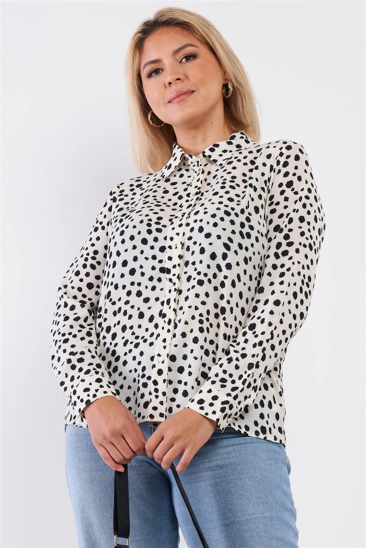 Junior Plus Ivory Dalmatian Polka Dot Print Button Down Relaxed Blouse /3 - Tasha Apparel Wholesale