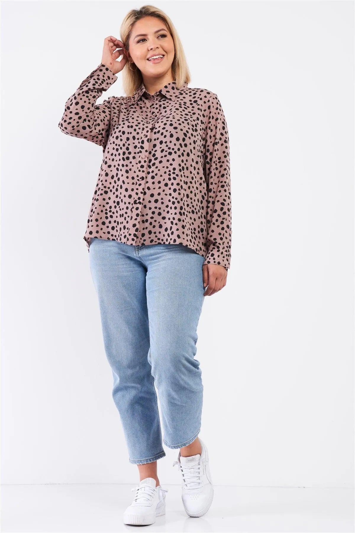 Junior Plus Mauve Dalmatian Polka Dot Print Button Down Relaxed Blouse /2-1-2 - Tasha Apparel Wholesale