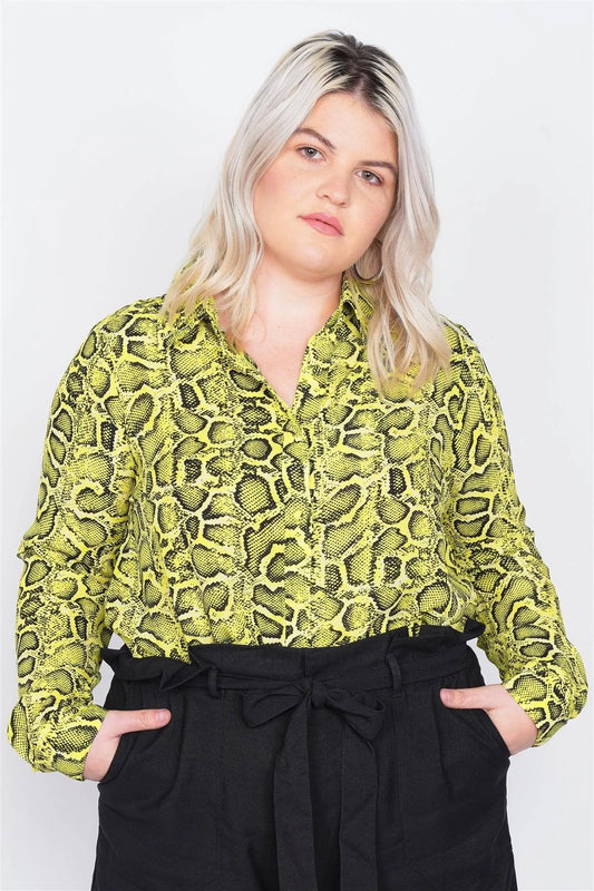 Junior Plus Size Neon Yellow Animal Print Front Button Blouse /1-2-2-1 - Tasha Apparel Wholesale