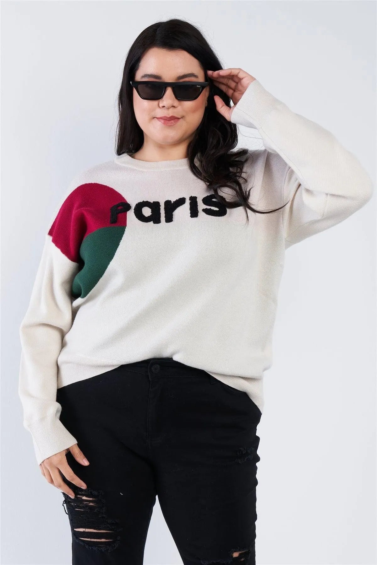Junior Plus Size Oatmeal Beige "Paris" Color Block Relaxed Fit Knit Sweater /3-2 - Tasha Apparel Wholesale