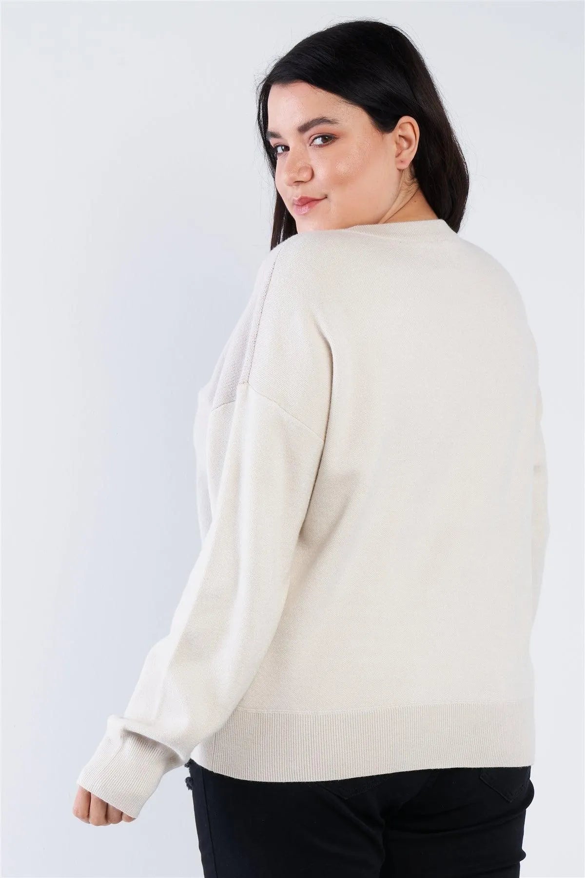 Junior Plus Size Oatmeal Beige "Paris" Color Block Relaxed Fit Knit Sweater /3-2 - Tasha Apparel Wholesale