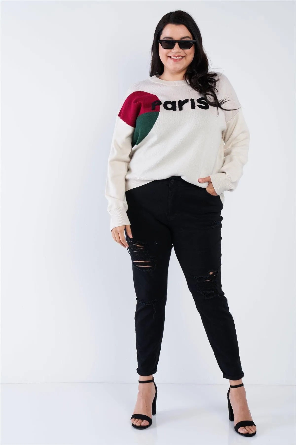 Junior Plus Size Oatmeal Beige "Paris" Color Block Relaxed Fit Knit Sweater /3-2 - Tasha Apparel Wholesale