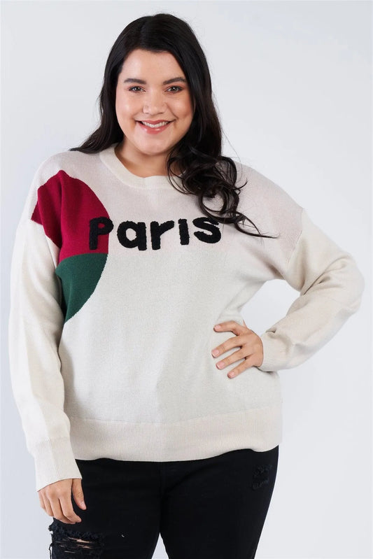 Junior Plus Size Oatmeal Beige "Paris" Color Block Relaxed Fit Knit Sweater /1-2-2-1 - Tasha Apparel Wholesale