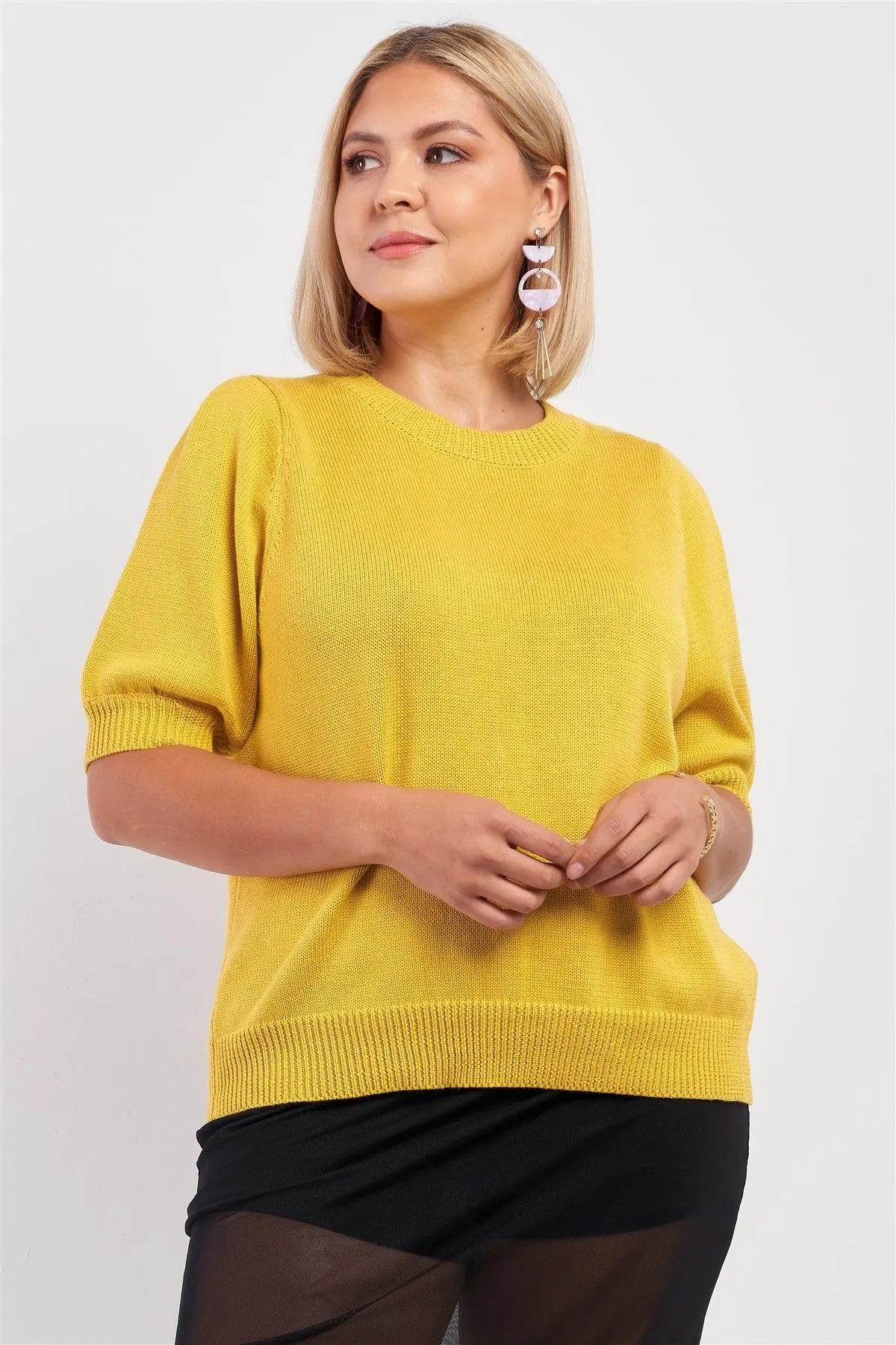Junior Plus Yellow Ribbed Knit Short Puff Sleeve Crew Neck Sweater /1-2-2-1 - Tasha Apparel Wholesale