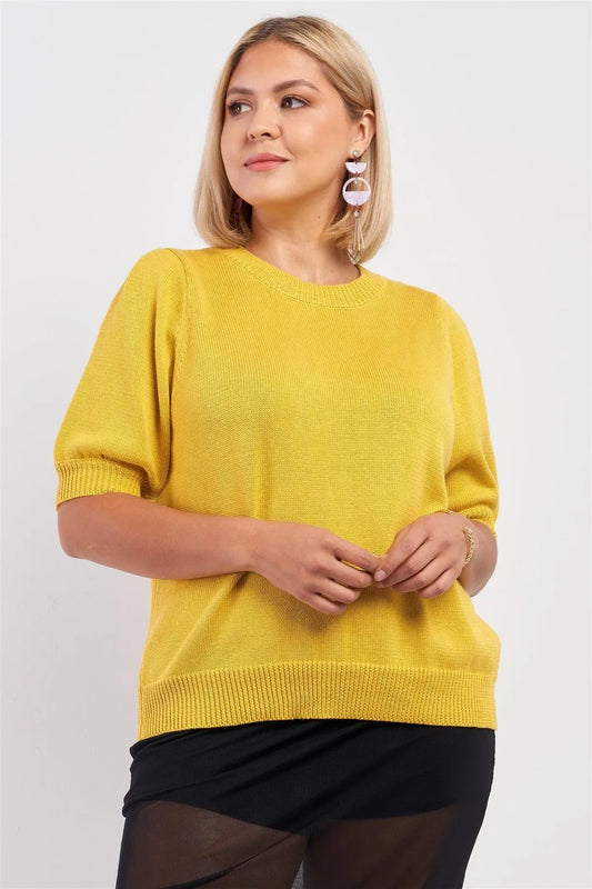 Junior Plus Yellow Ribbed Knit Short Puff Sleeve Crew Neck Sweater /1-2-2-1 - Tasha Apparel Wholesale
