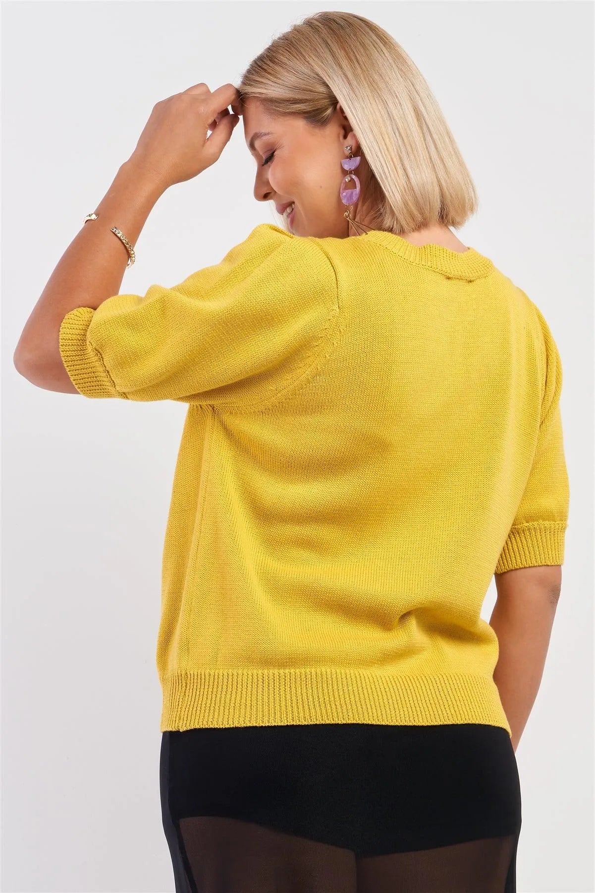 Junior Plus Yellow Ribbed Knit Short Puff Sleeve Crew Neck Sweater /1-2-2-1 - Tasha Apparel Wholesale