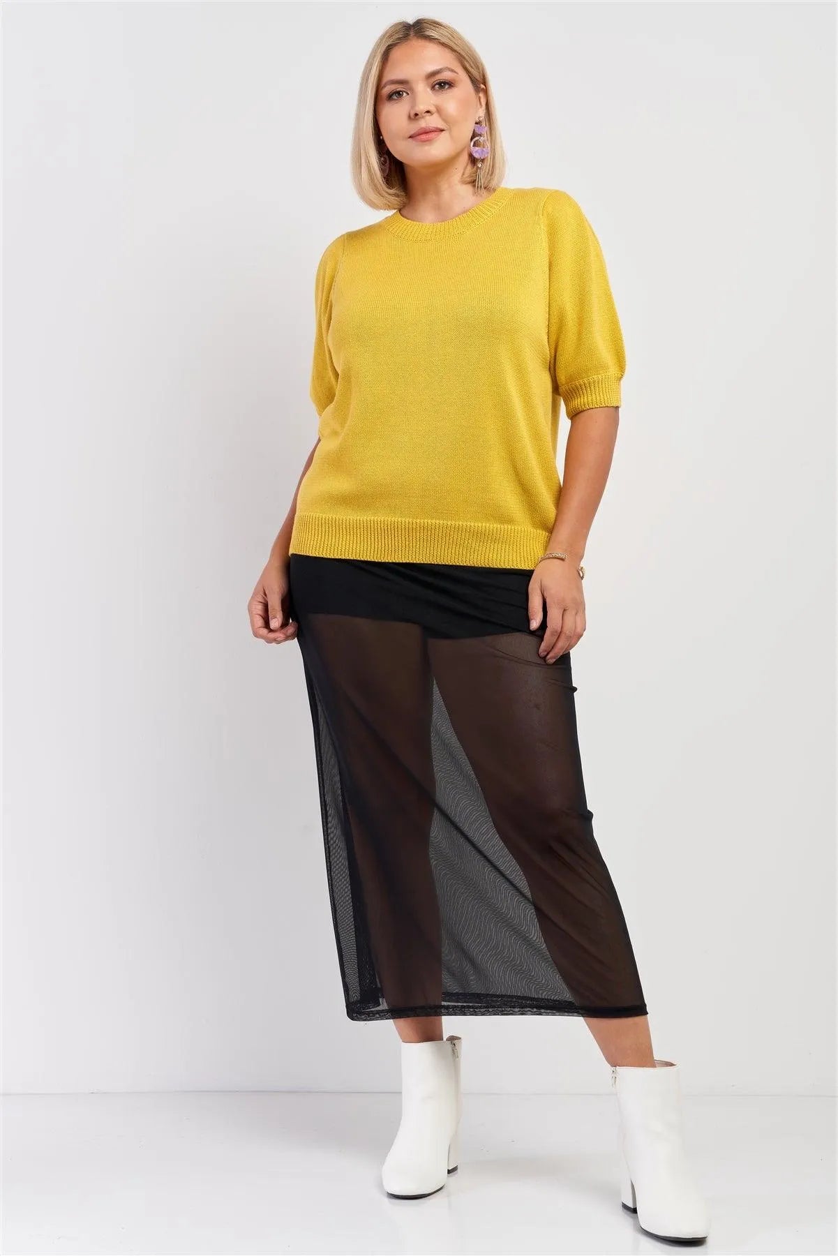 Junior Plus Yellow Ribbed Knit Short Puff Sleeve Crew Neck Sweater /1-2-2-1 - Tasha Apparel Wholesale