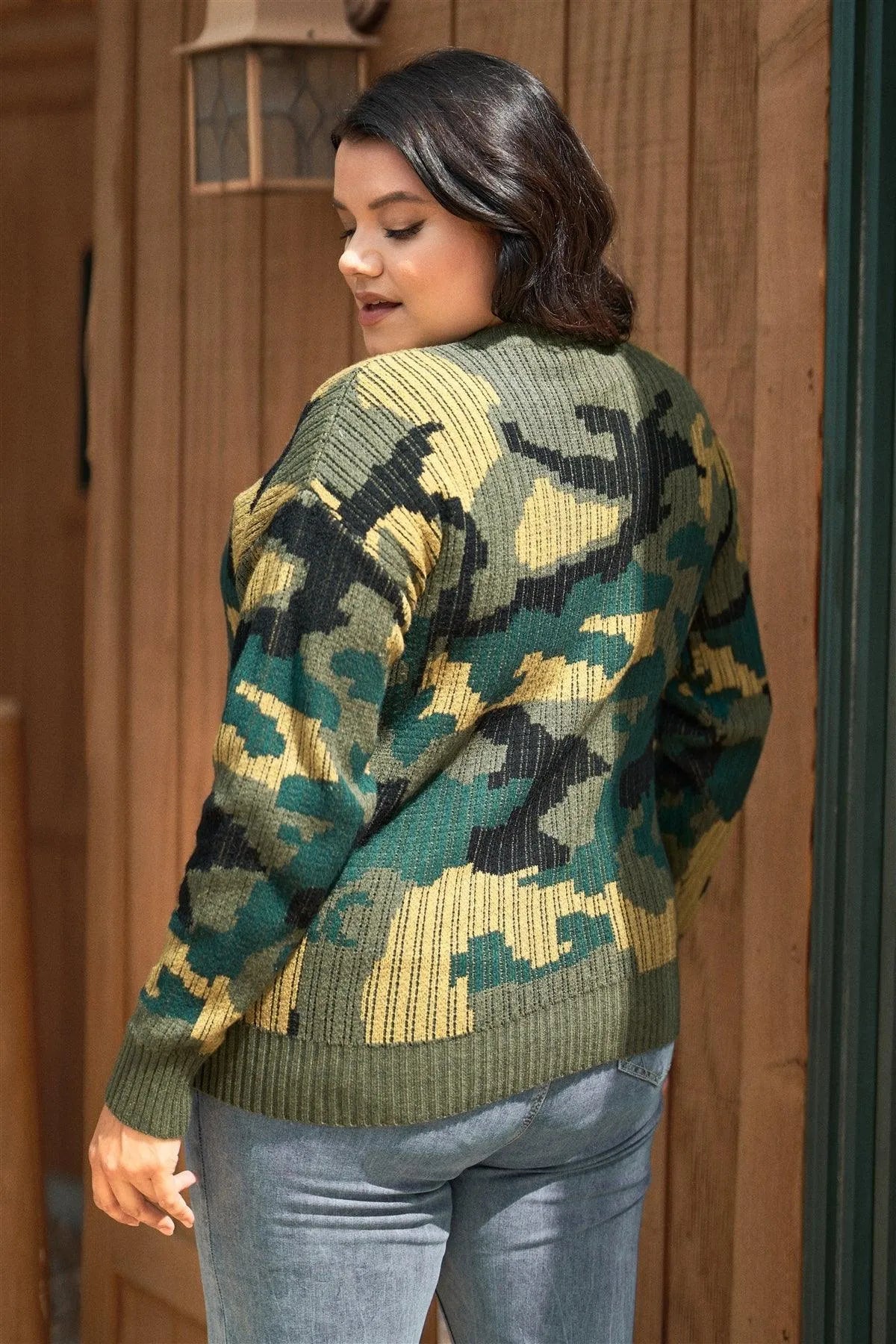 Junior Plus Size Multi Army Camouflage Knit Relaxed Fit Sweater - Tasha Apparel Wholesale