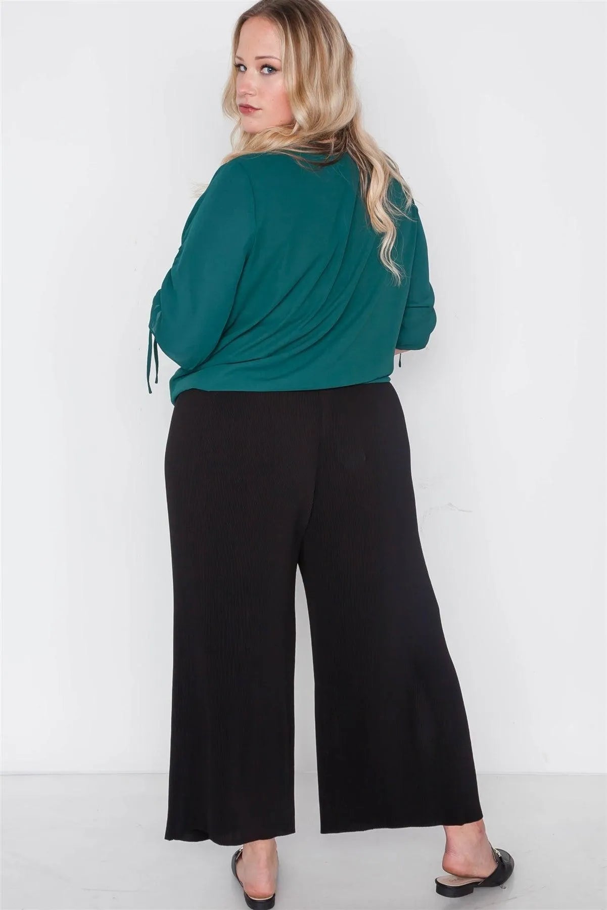 Plus Size Black Ribbed Wide Leg Ankle Pants - Tasha Apparel Wholesale
