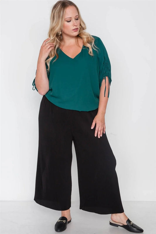 Plus Size Black Ribbed Wide Leg Ankle Pants /2-2-2 - Tasha Apparel Wholesale