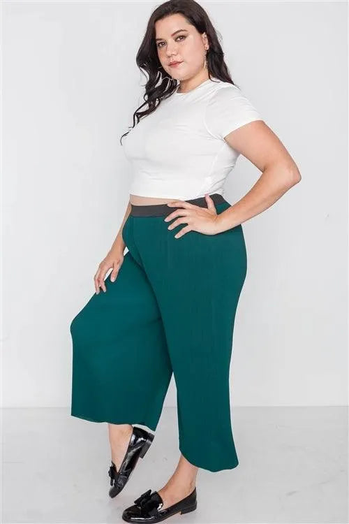 Junior Plus Size Green Ribbed Wide Leg Ankle Pants /2-2-1 - Tasha Apparel Wholesale