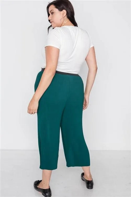 Junior Plus Size Green Ribbed Wide Leg Ankle Pants /2-2-1 - Tasha Apparel Wholesale