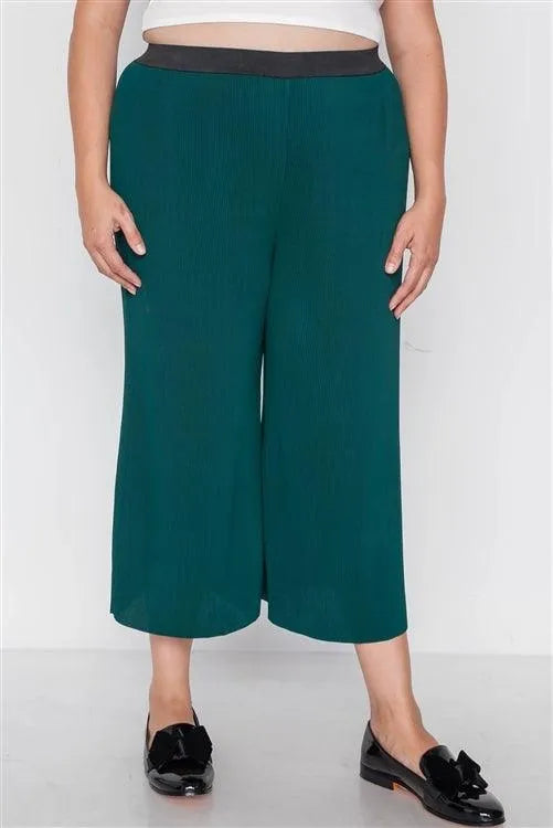 Junior Plus Size Green Ribbed Wide Leg Ankle Pants /2-2-1 - Tasha Apparel Wholesale