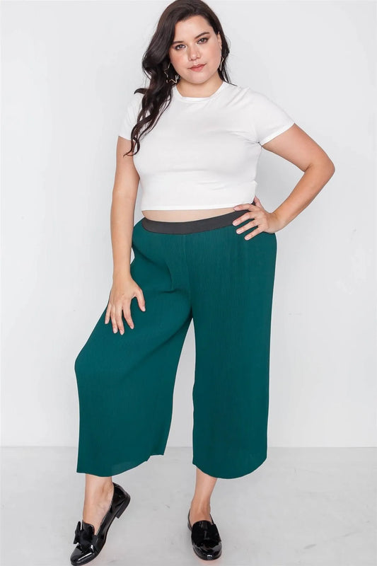 Junior Plus Size Green Ribbed Wide Leg Ankle Pants /2-2-2 - Tasha Apparel Wholesale