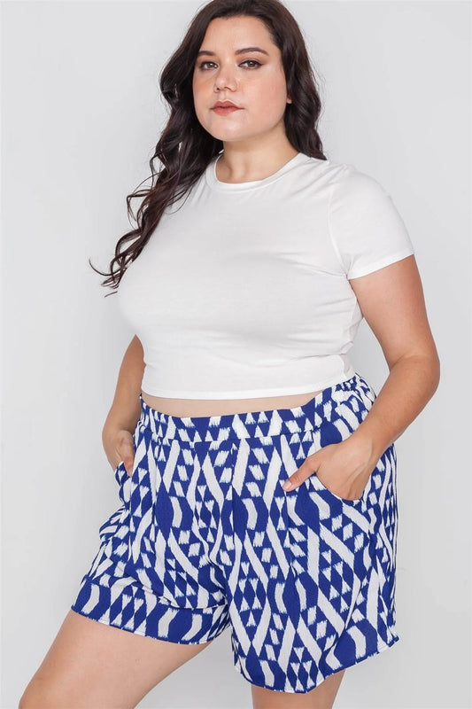 Plus Size Off White Blue Tribal Print High-Waist Shorts - Tasha Apparel Wholesale