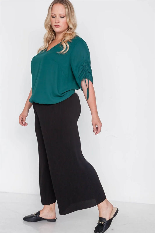 Plus Size Black Ribbed Wide Leg Ankle Pants /2-2 - Tasha Apparel Wholesale