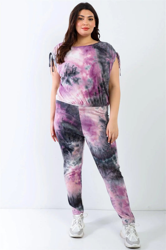 Junior Plus Purple & Black Tie-Dye Ruched Shoulder Detail Top & Pants Set /1-1-1 - Tasha Apparel Wholesale