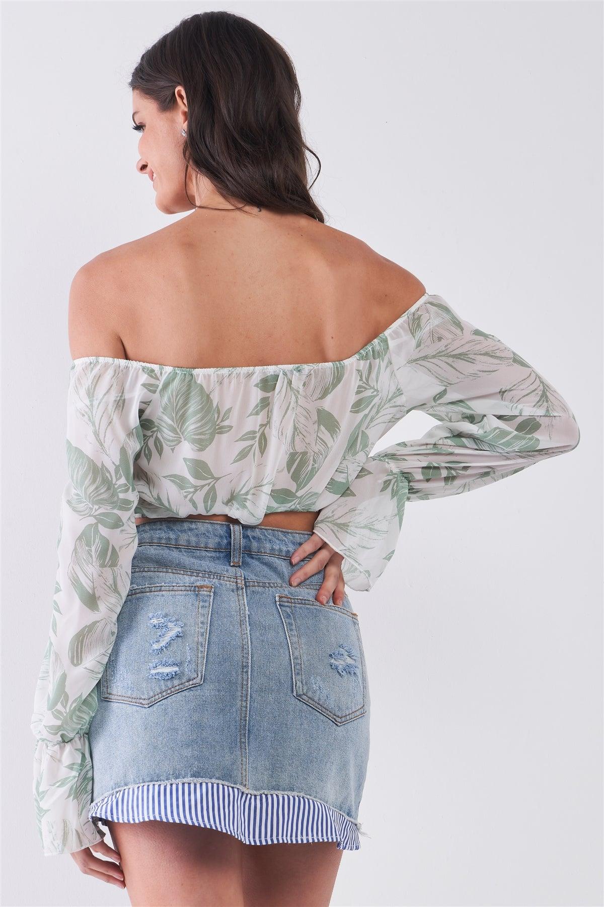 White & Green Leaf Print Off-The-Shoulder Long Flounce Sleeve Self-Tie Front Cropped Top /2-2-2