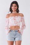 White Pink Leaf Print Off-The-Shoulder Long Flounce Sleeve Self-Tie Front Cropped Top /2-2-2 - Tasha Apparel Wholesale