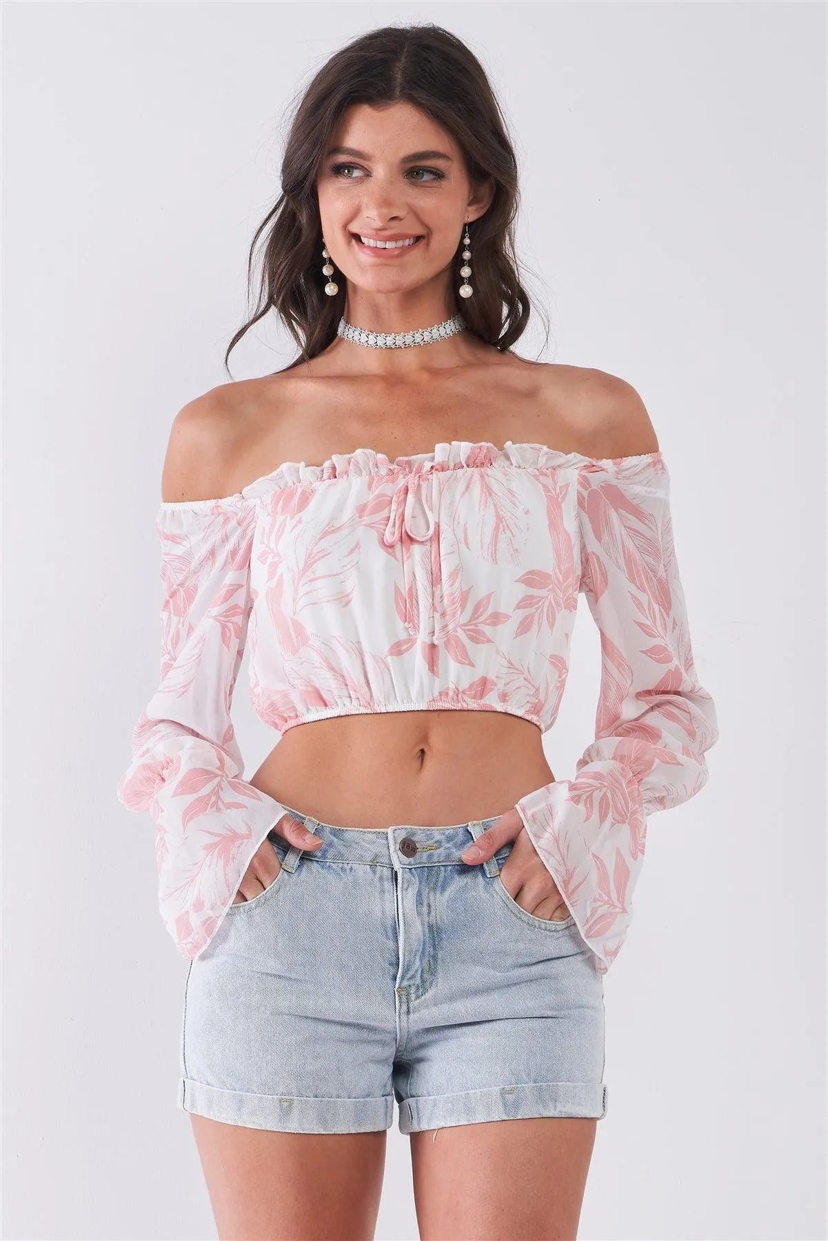 White Pink Leaf Print Off-The-Shoulder Long Flounce Sleeve Self-Tie Front Cropped Top /2-2-2 - Tasha Apparel Wholesale