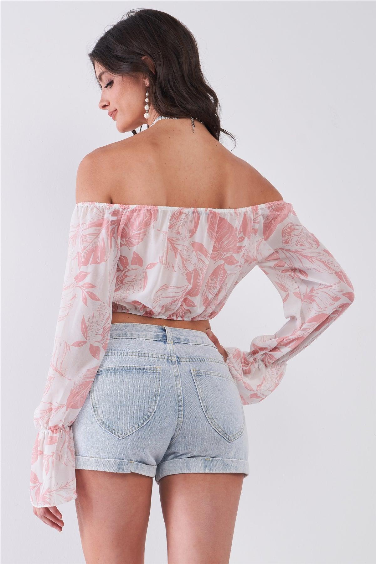 White & Pink Leaf Print Off-The-Shoulder Long Flounce Sleeve Self-Tie Front Cropped Top /2-2-2