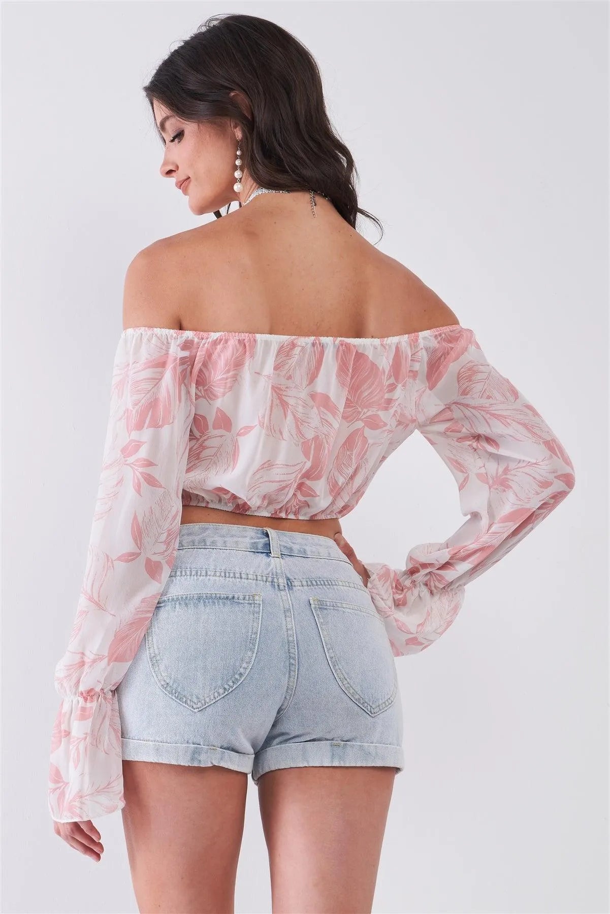White Pink Leaf Print Off-The-Shoulder Long Flounce Sleeve Self-Tie Front Cropped Top /2-2-2 - Tasha Apparel Wholesale