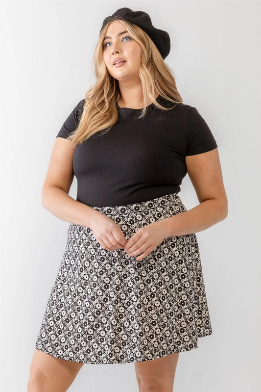 Junior Plus Black & White Geo & Flower High Waist Mini Skirt /2-2-1 - Tasha Apparel Wholesale