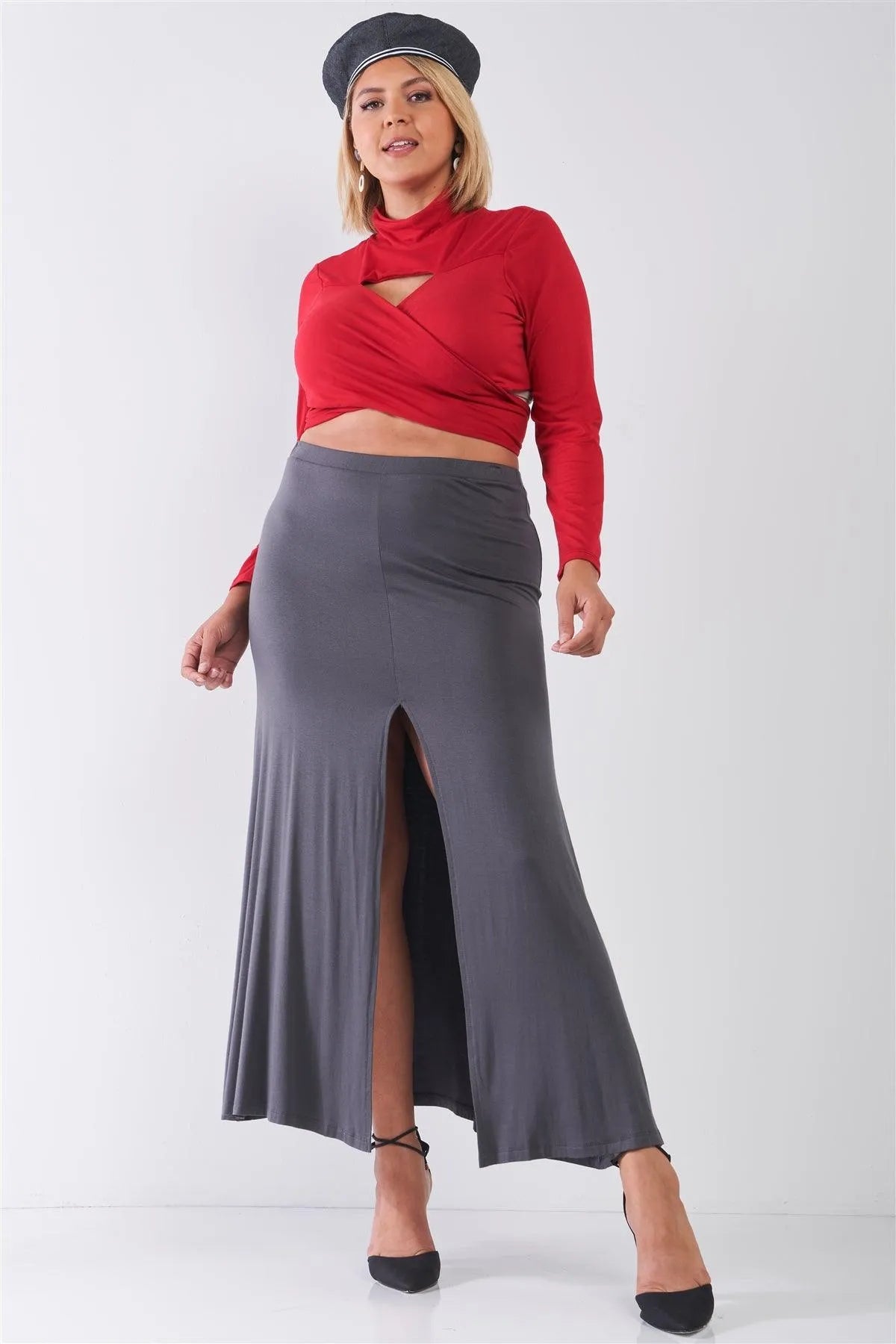 Plus Size Charcoal Basic Front Slit Maxi Skirt - Tasha Apparel Wholesale