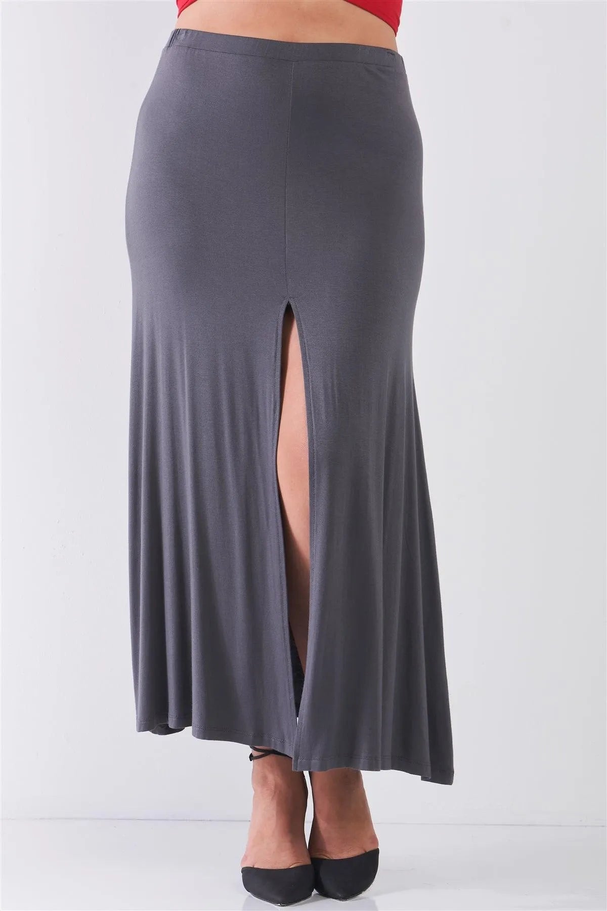 Plus Size Charcoal Basic Front Slit Maxi Skirt - Tasha Apparel Wholesale