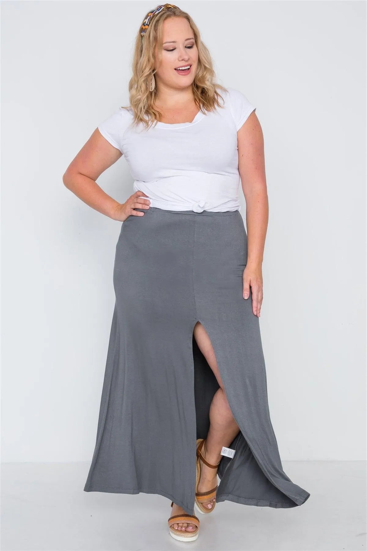 Junior Plus Size Charcoal Basic Front Slit Maxi Skirt /3-3 - Tasha Apparel Wholesale
