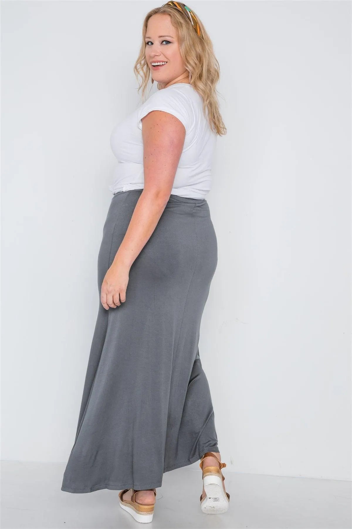 Junior Plus Size Charcoal Basic Front Slit Maxi Skirt /3-3 - Tasha Apparel Wholesale