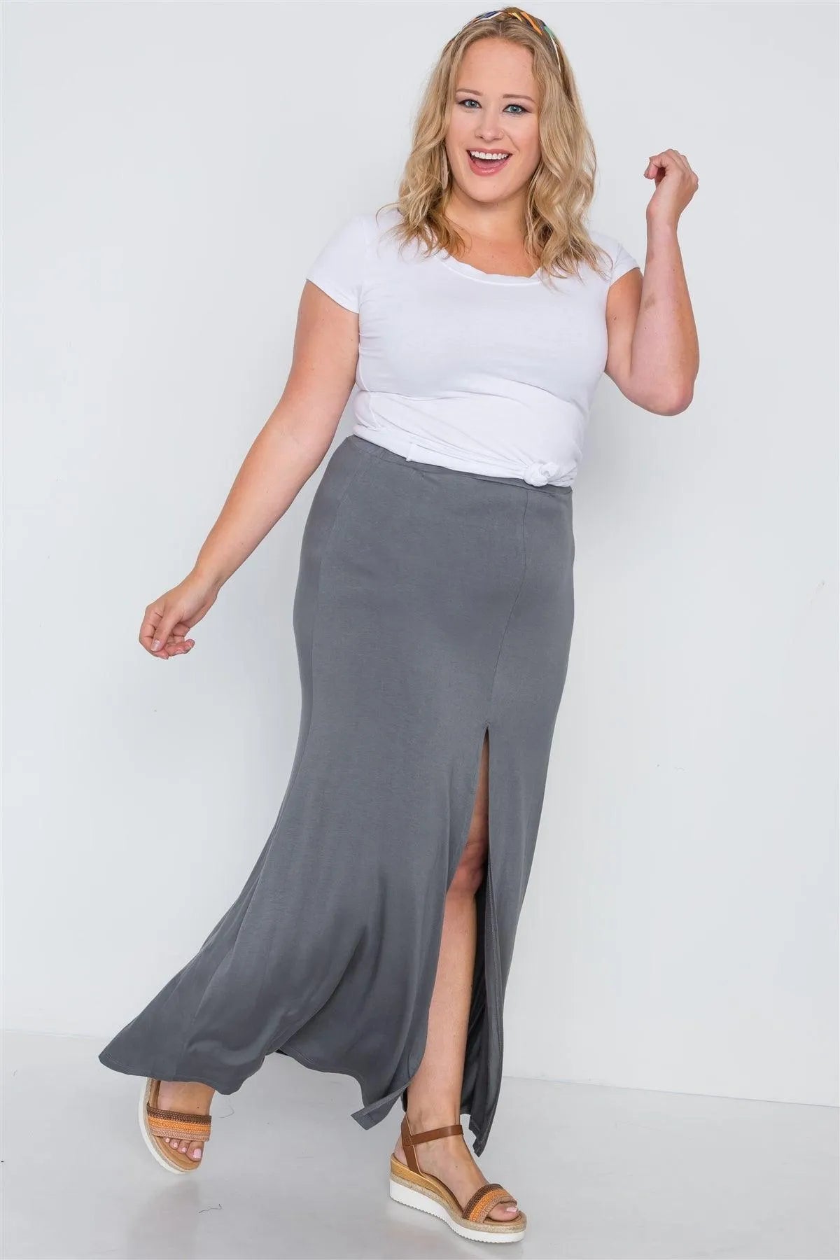 Junior Plus Size Charcoal Basic Front Slit Maxi Skirt /3-3 - Tasha Apparel Wholesale