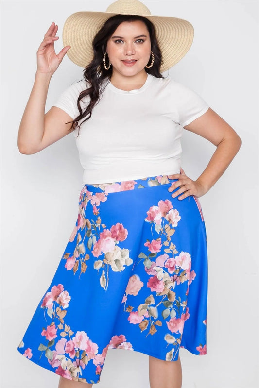 Junior Plus Size Blue High-Waist Skater Flower Skirt /2-2-2 - Tasha Apparel Wholesale