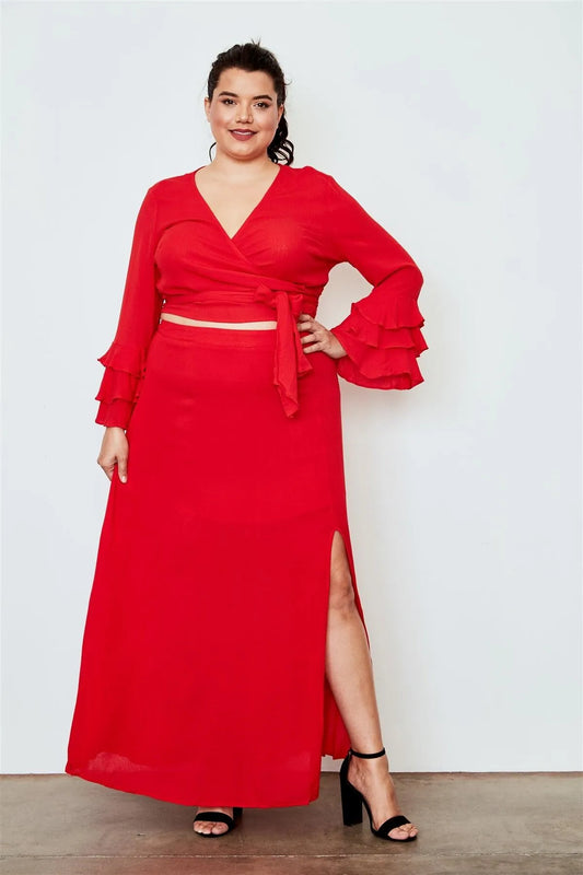 Junior Plus Size Berry Red Side Slit Maxi Skirt /2-2-2 - Tasha Apparel Wholesale