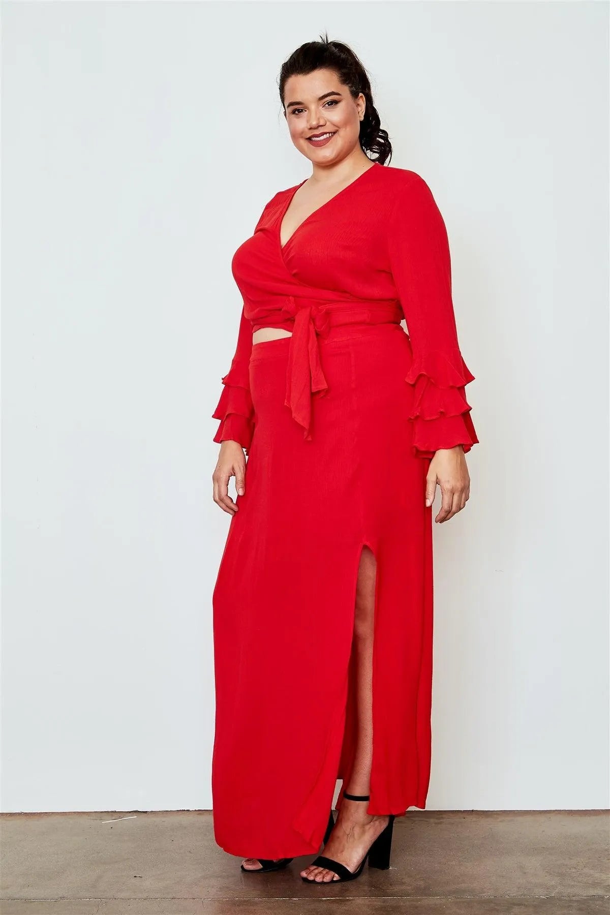 Junior Plus Size Berry Red Side Slit Maxi Skirt /2-2-2 - Tasha Apparel Wholesale