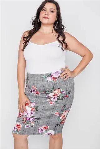 Plus Size Check Rose Print Pencil Skirt - Tasha Apparel Wholesale