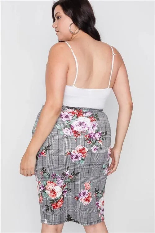 Plus Size Check Rose Print Pencil Skirt - Tasha Apparel Wholesale