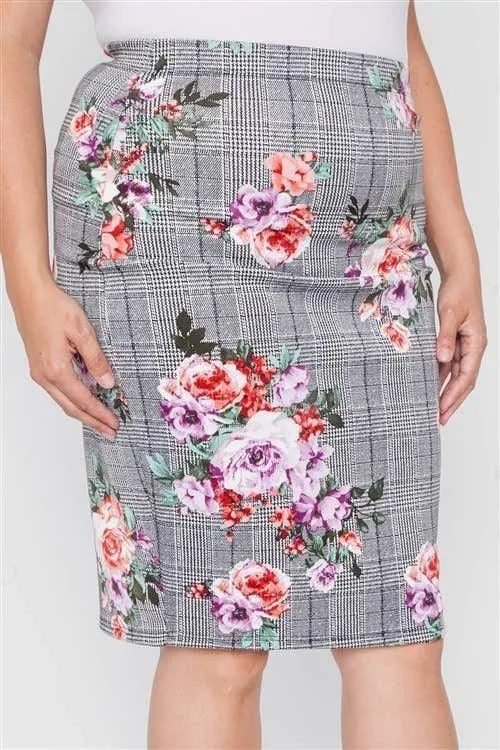 Plus Size Check Rose Print Pencil Skirt - Tasha Apparel Wholesale