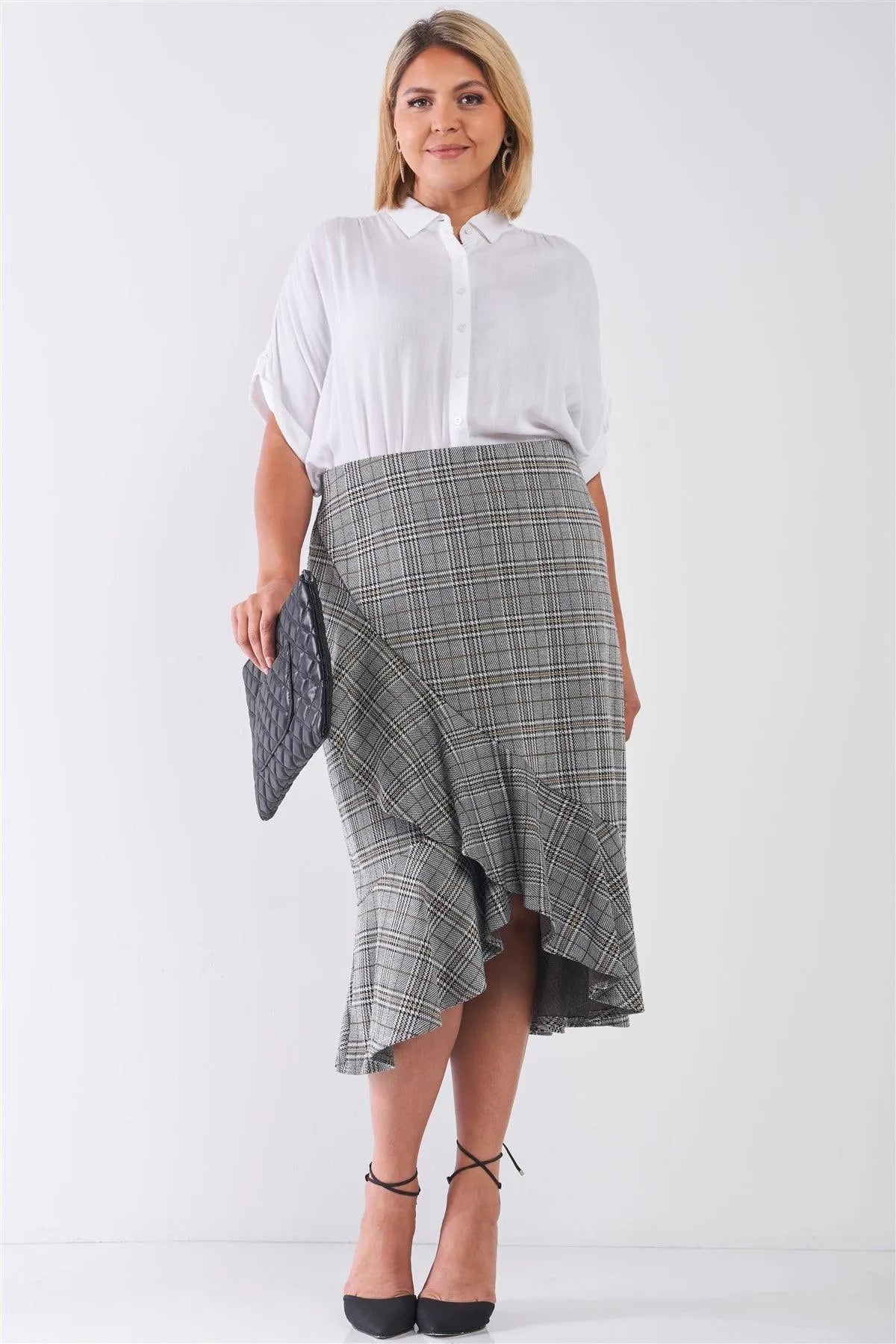 Plus Size Plaid Grey High-Waist Midi Skirt - Tasha Apparel Wholesale