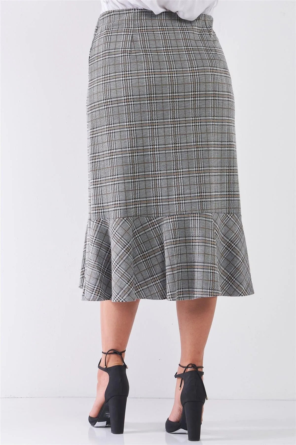Plus Size Plaid Grey High-Waist Midi Skirt - Tasha Apparel Wholesale