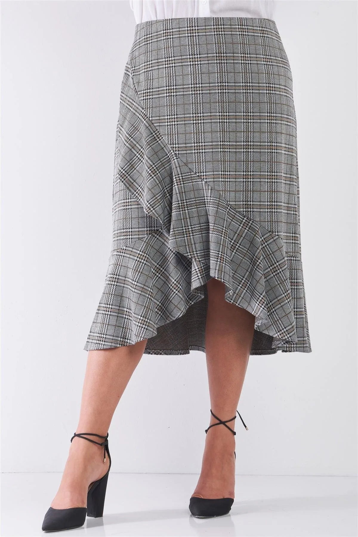 Junior Plus Size Plaid Grey High-Waist Midi Skirt /2-2-2 - Tasha Apparel Wholesale