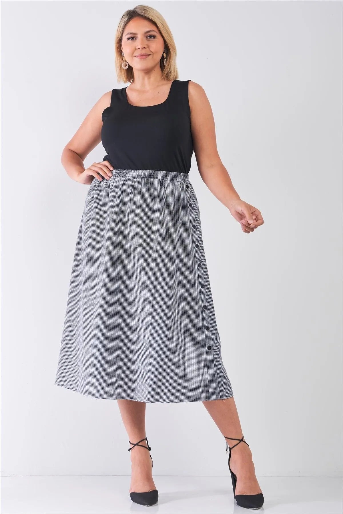 Junior Plus Size Black Gingham Print Side Button Midi Skirt /2-2-2 - Tasha Apparel Wholesale