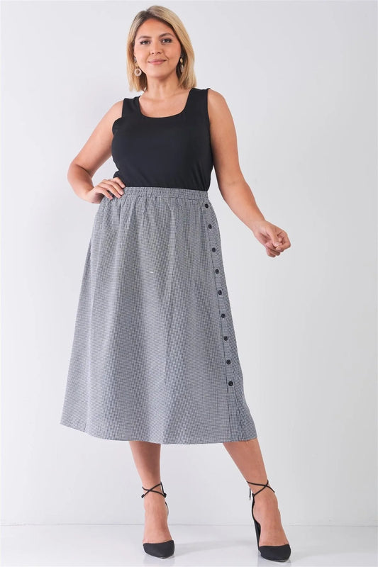 Junior Plus Size Black Gingham Print Side Button Midi Skirt /2-2-2 - Tasha Apparel Wholesale