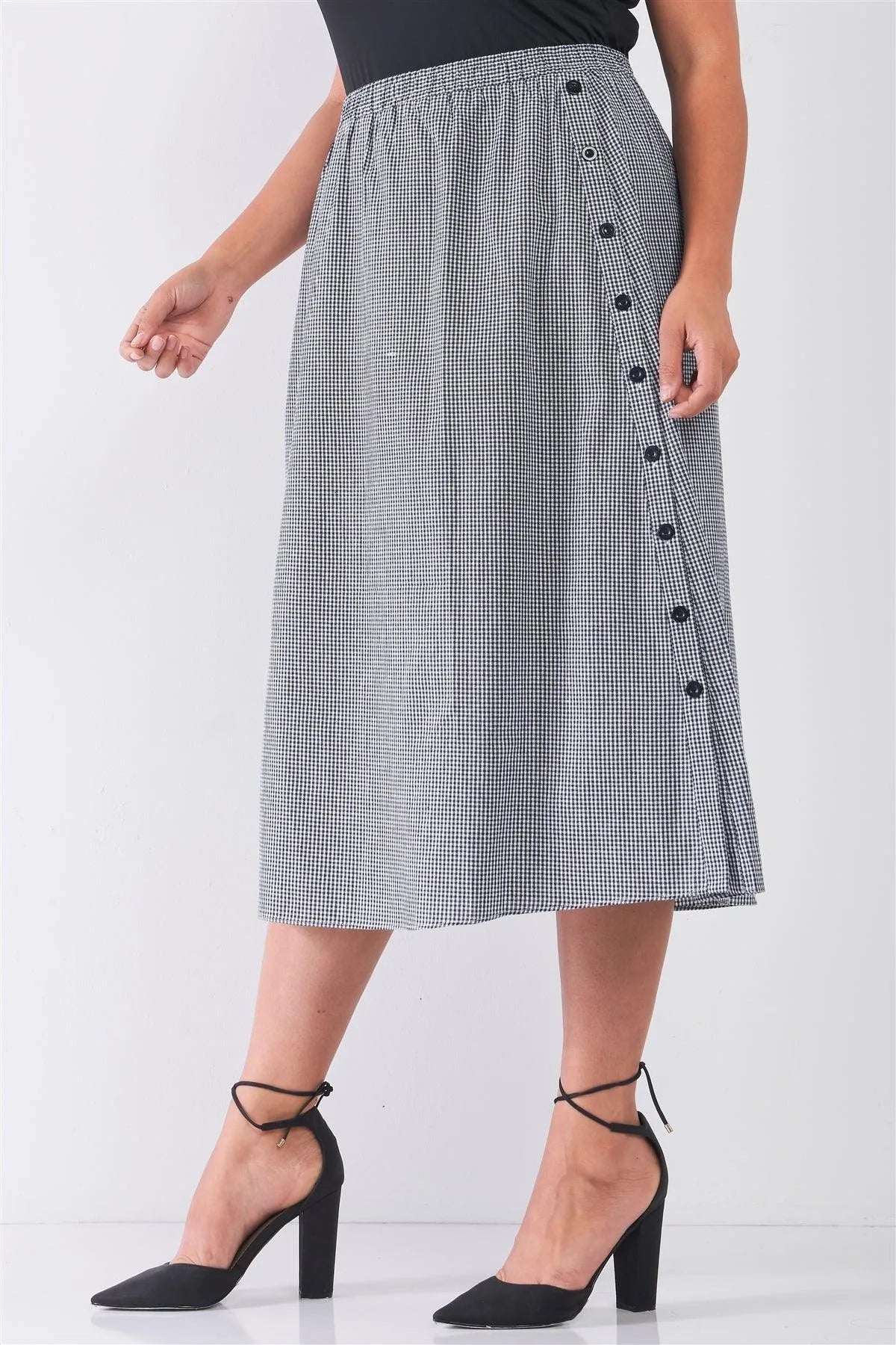 Junior Plus Size Black Gingham Print Side Button Midi Skirt /2-2-2 - Tasha Apparel Wholesale