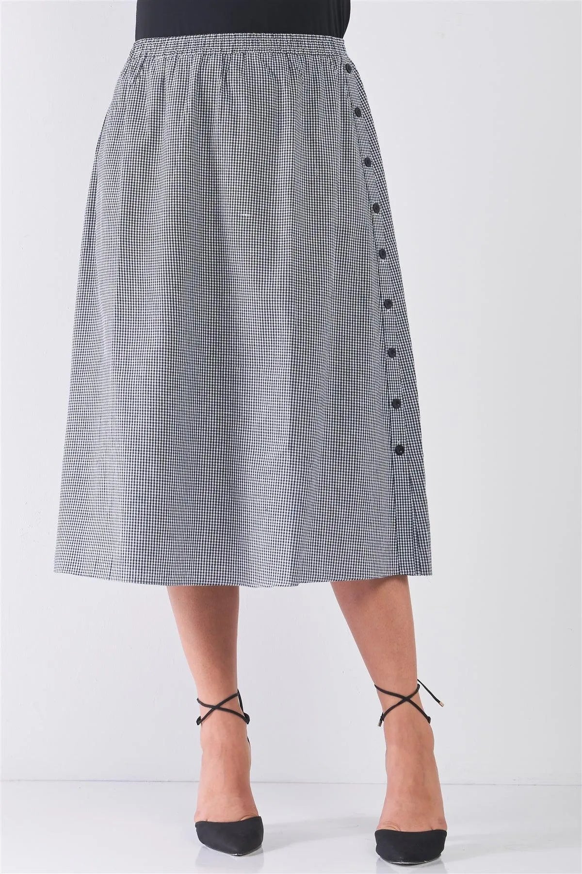 Junior Plus Size Black Gingham Print Side Button Midi Skirt /2-2-2 - Tasha Apparel Wholesale