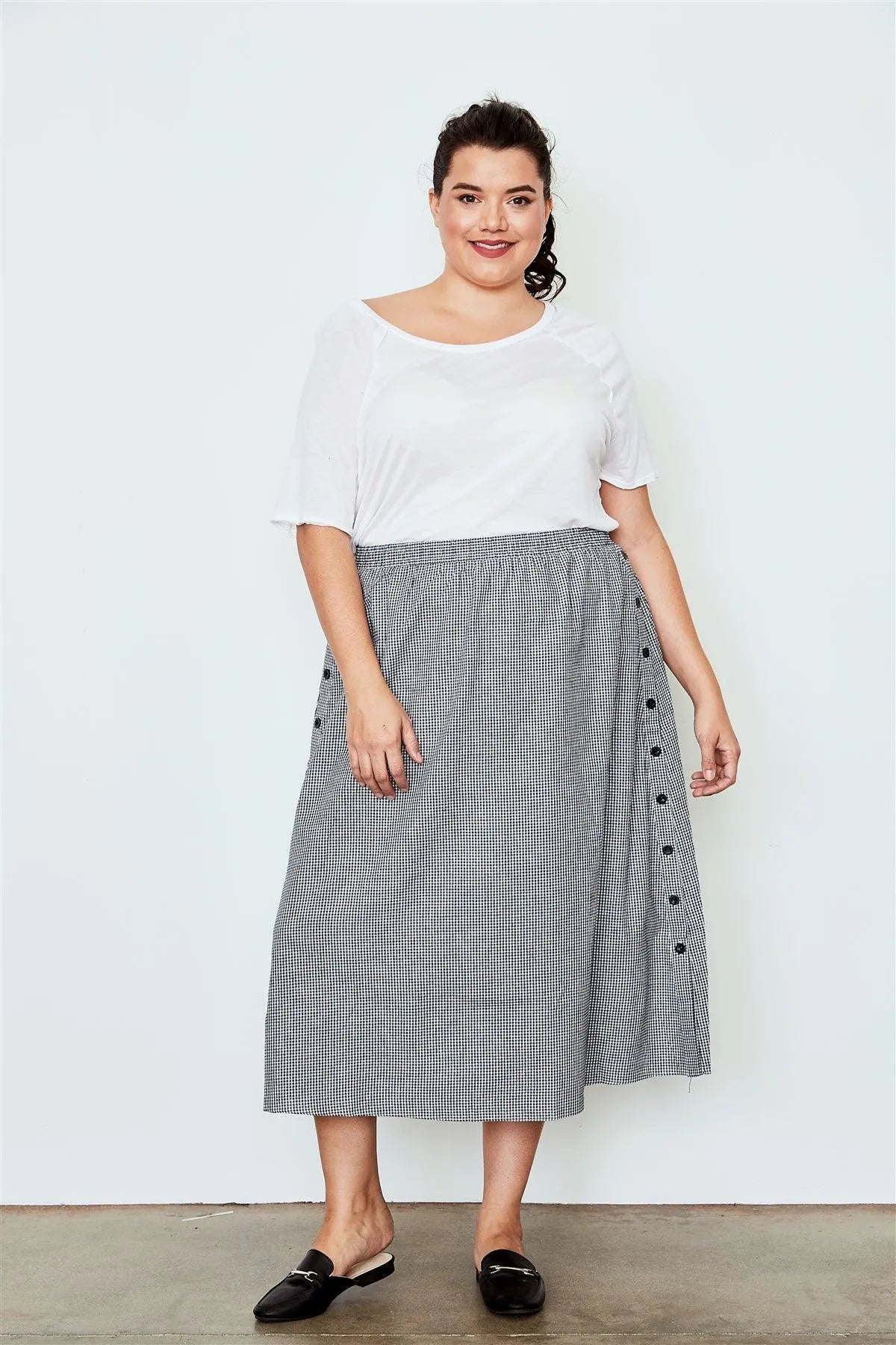 Plus Size Black Gingham Print Side Button Midi Skirt /3-2-1 - Tasha Apparel Wholesale