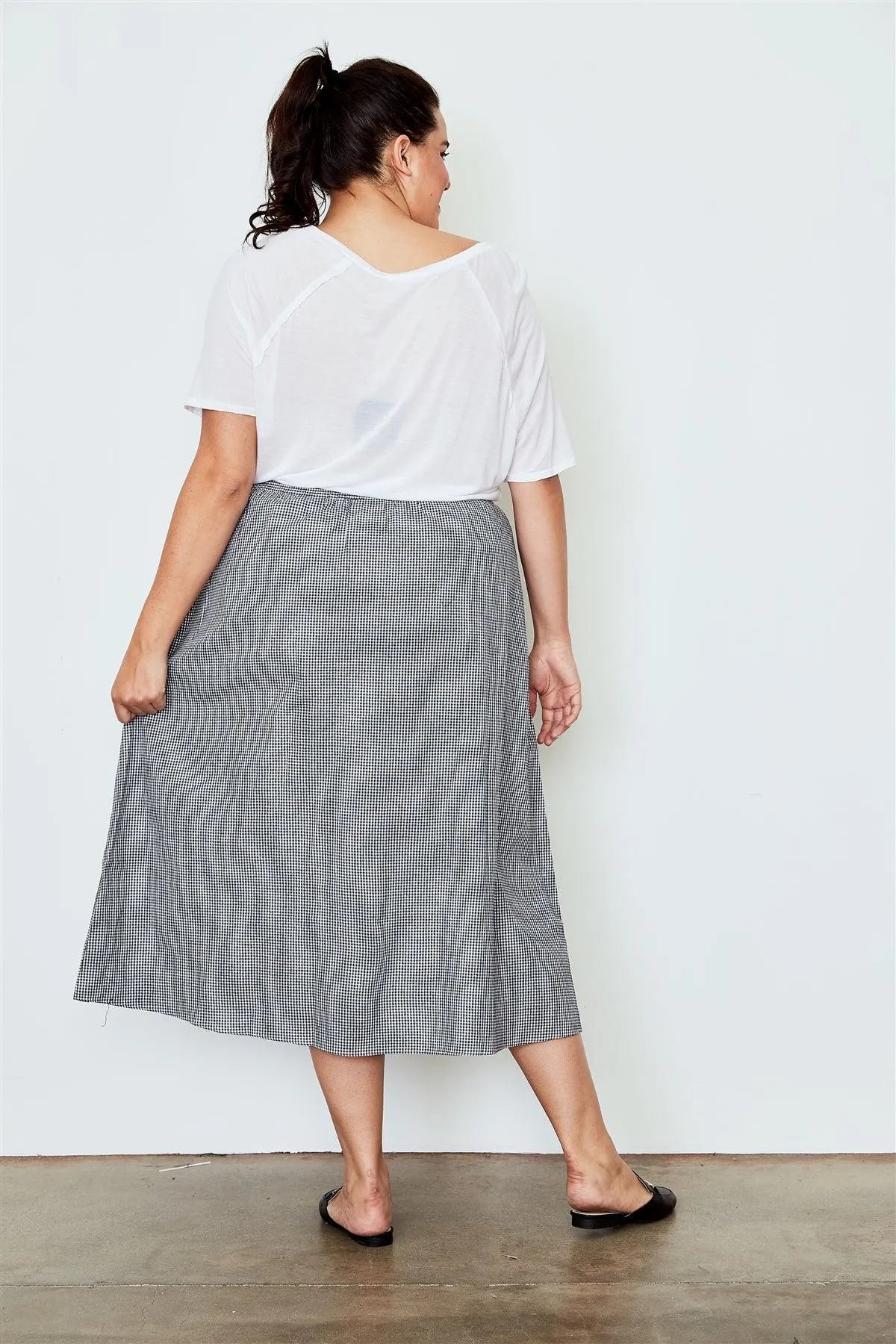 Plus Size Black Gingham Print Side Button Midi Skirt /3-2-1 - Tasha Apparel Wholesale
